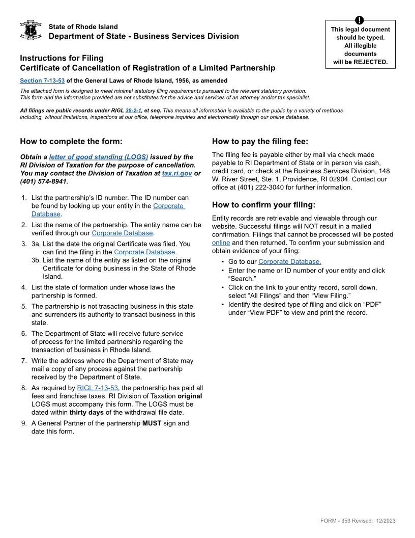 Certificate Of Cancellation Of Registration Of A Limited Partnership (Foreign LP) {353} | Pdf Fpdf Docx | Rhode Island