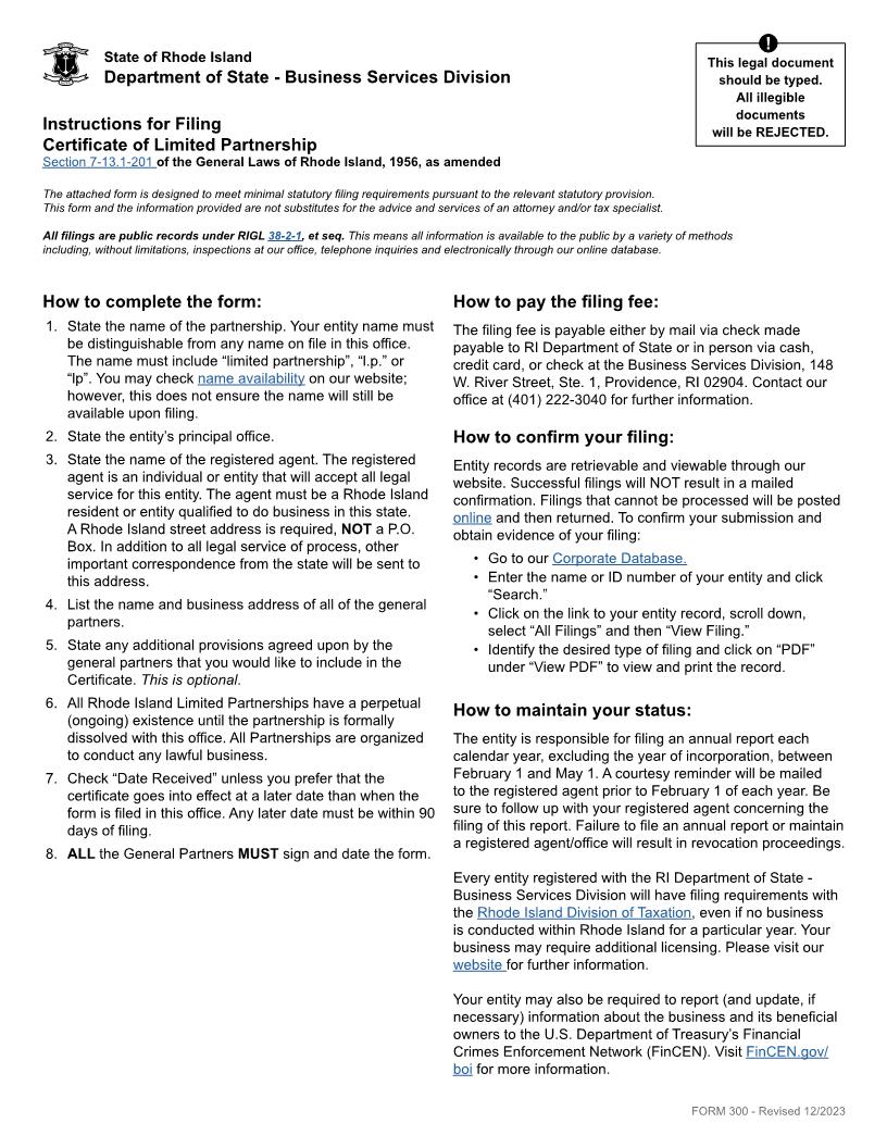 Certificate Of Limited Partnership (Domestic LP) {300} | Pdf Fpdf Docx | Rhode Island
