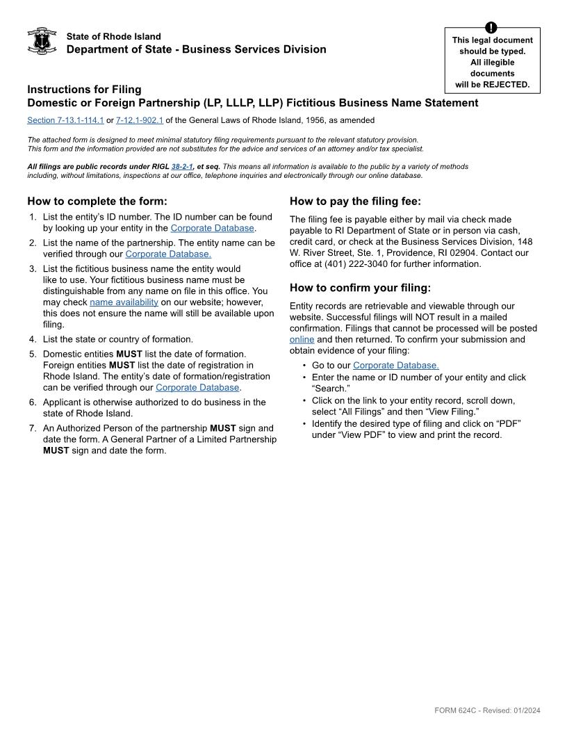 Fictitious Business Name Statement LP {624C} | Pdf Fpdf Docx | Rhode Island