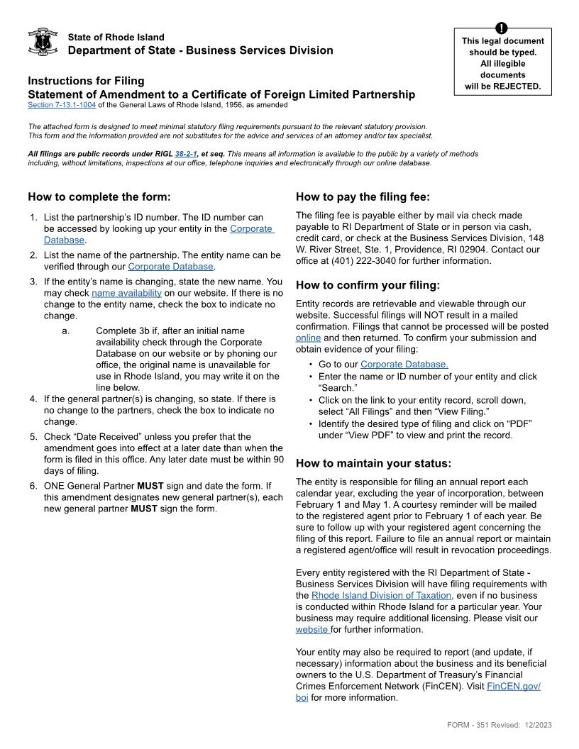 Statement Of Amendment (Foreign LP) {351} | Pdf Fpdf Doc Docx | Rhode Island
