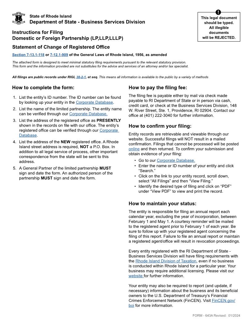 Statement Of Change Of Registered Office {643A} | Pdf Fpdf Docx | Rhode Island