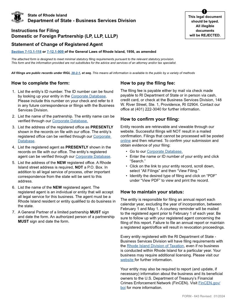 Statement Of Change Of Specified Office And Or Registered Agent {643} | Pdf Fpdf Doc Docx | Rhode Island