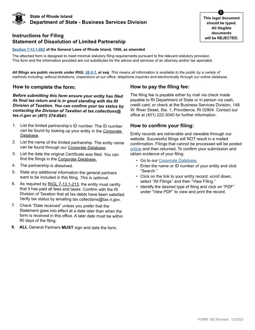 Statement Of Dissolution LP {302} | Pdf Fpdf Docx | Rhode Island