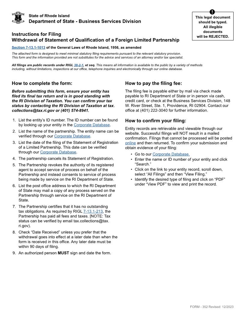 Withdrawal Of Statement Of Qualification (Foreign LP) {352} | Pdf Fpdf Docx | Rhode Island