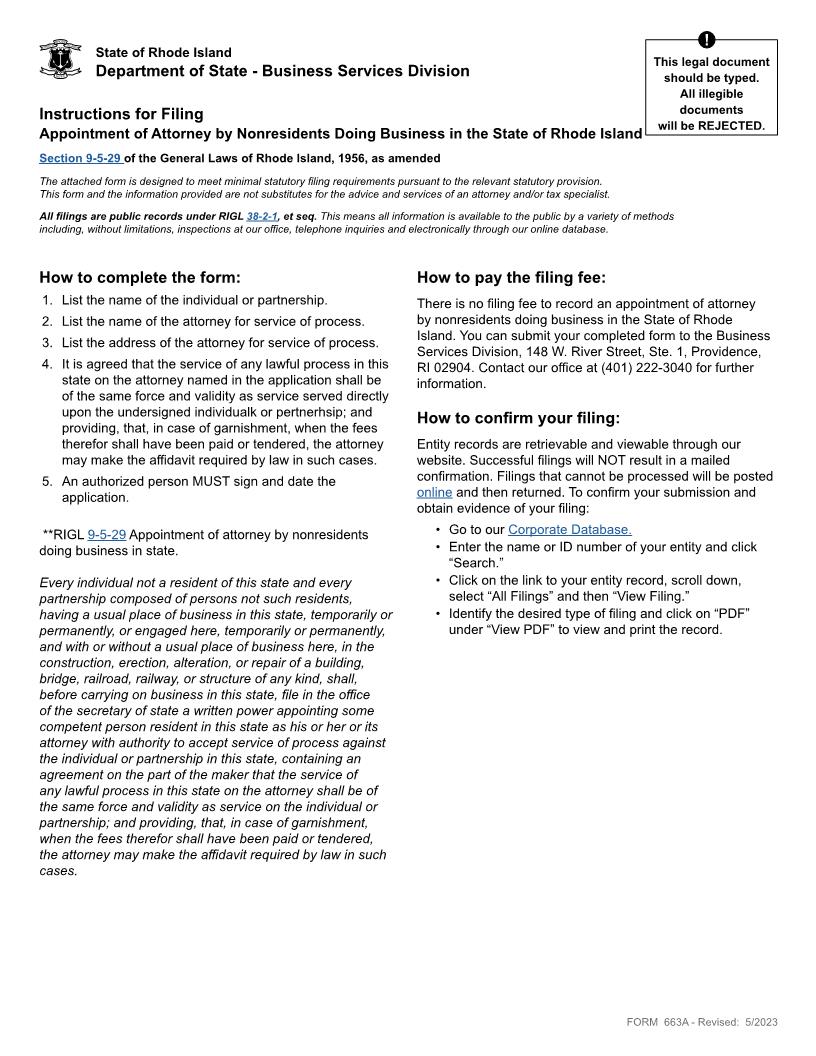 Appointment Of Attorney By Nonresidents Doing Business In State Of Rhode Island {663A} | Pdf Fpdf Doc Docx | Rhode Island