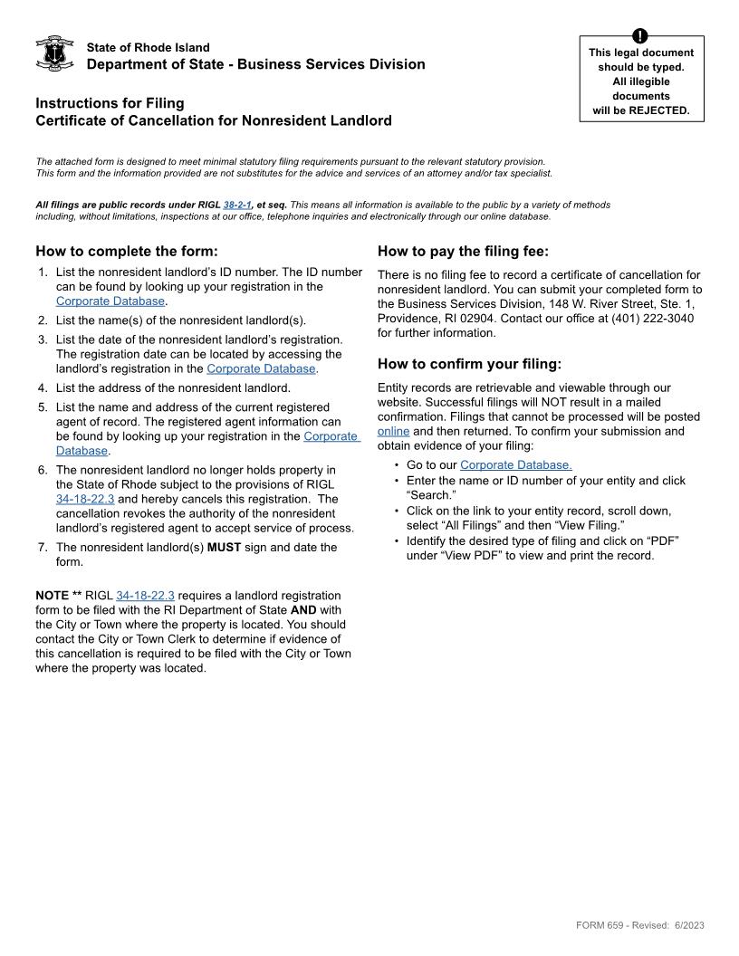 Certificate Of Cancellation For Nonresident Landlord {659} | Pdf Fpdf Docx | Rhode Island
