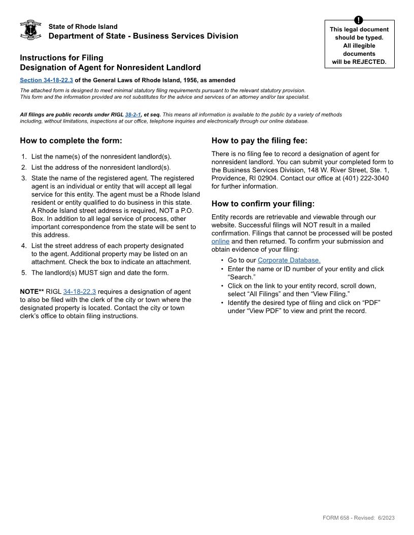 Designation Of Agent For Nonresident Landlord {658} | Pdf Fpdf Docx | Rhode Island