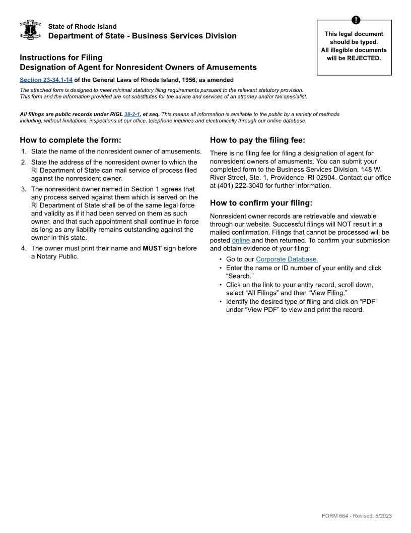 Designation Of Agent For Nonresident Owners Of Amusements {664} | Pdf Fpdf Doc Docx | Rhode Island