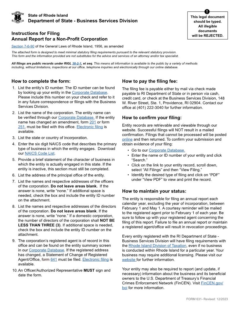 Annual Report For A Non-Profit Corporation {631} | Pdf Fpdf Docx | Rhode Island