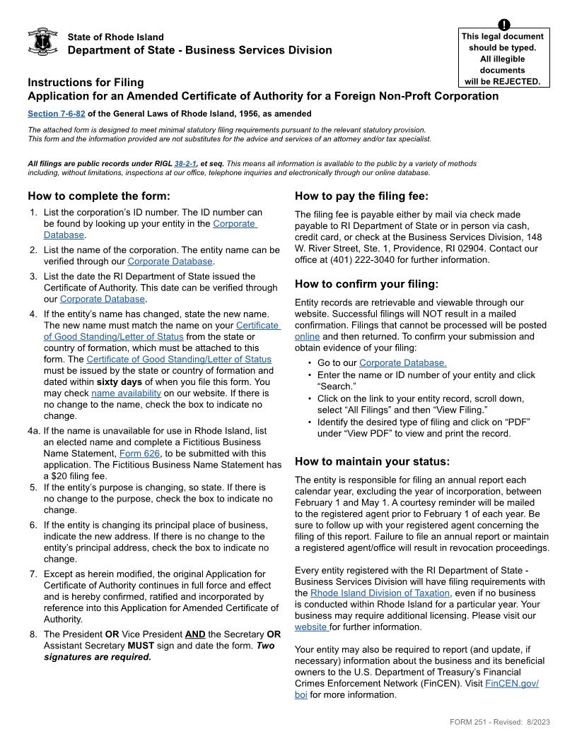 Application For Amended Certificate Of Authority (Foreign Non Profit Corp) {251} | Pdf Fpdf Docx | Rhode Island