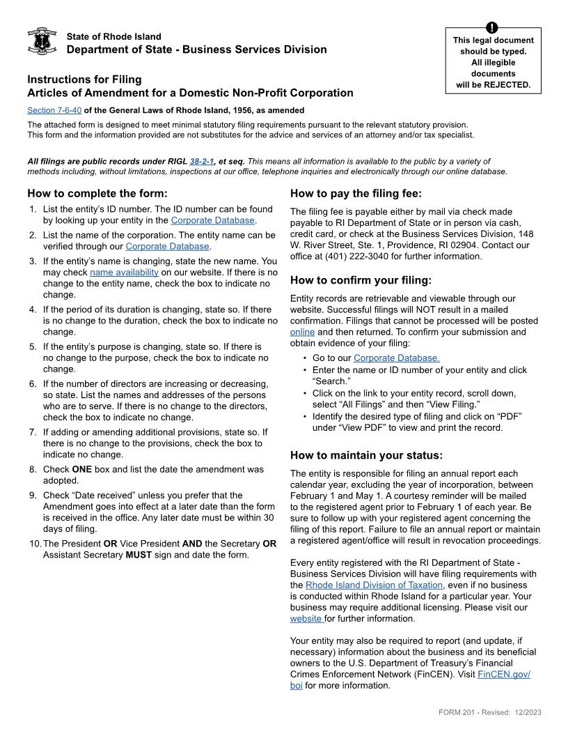 Articles Of Amendment To Articles Of Incorporation (Domestic Non Profit Corp) {201} | Pdf Fpdf Docx | Rhode Island