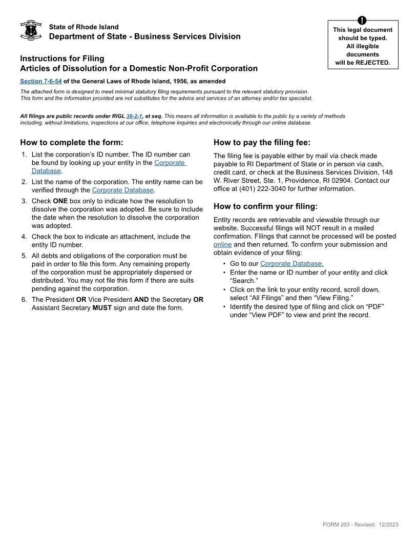 Articles Of Dissolution (Domestic Non Profit Corp) {203} | Pdf Fpdf Docx | Rhode Island