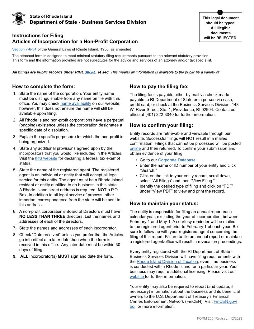 Articles Of Incorporation (Domestic Non Profit Corp) {200} | Pdf Fpdf Docx | Rhode Island