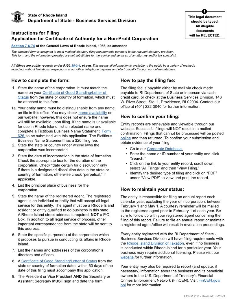 Certificate Of Authority (Foreign Non Profit Corp) {250} | Pdf Fpdf Docx | Rhode Island