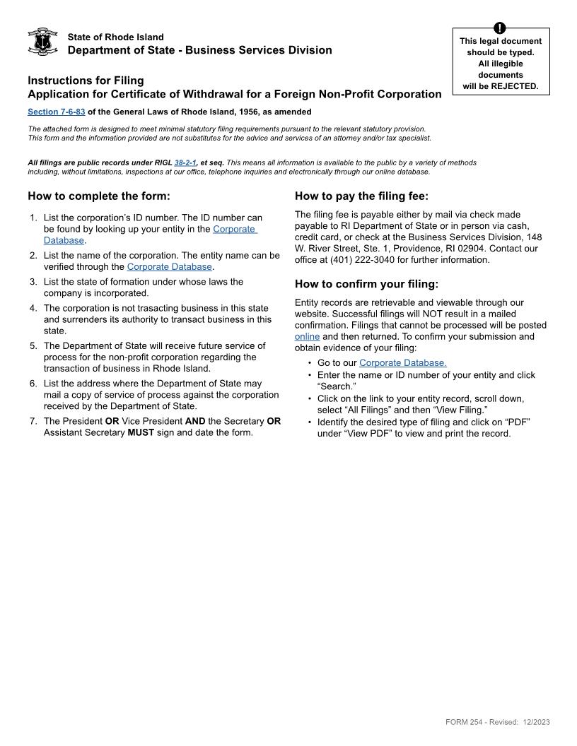 Certificate Of Withdrawal (Foreign Non Profit Corp) {254} | Pdf Fpdf Docx | Rhode Island