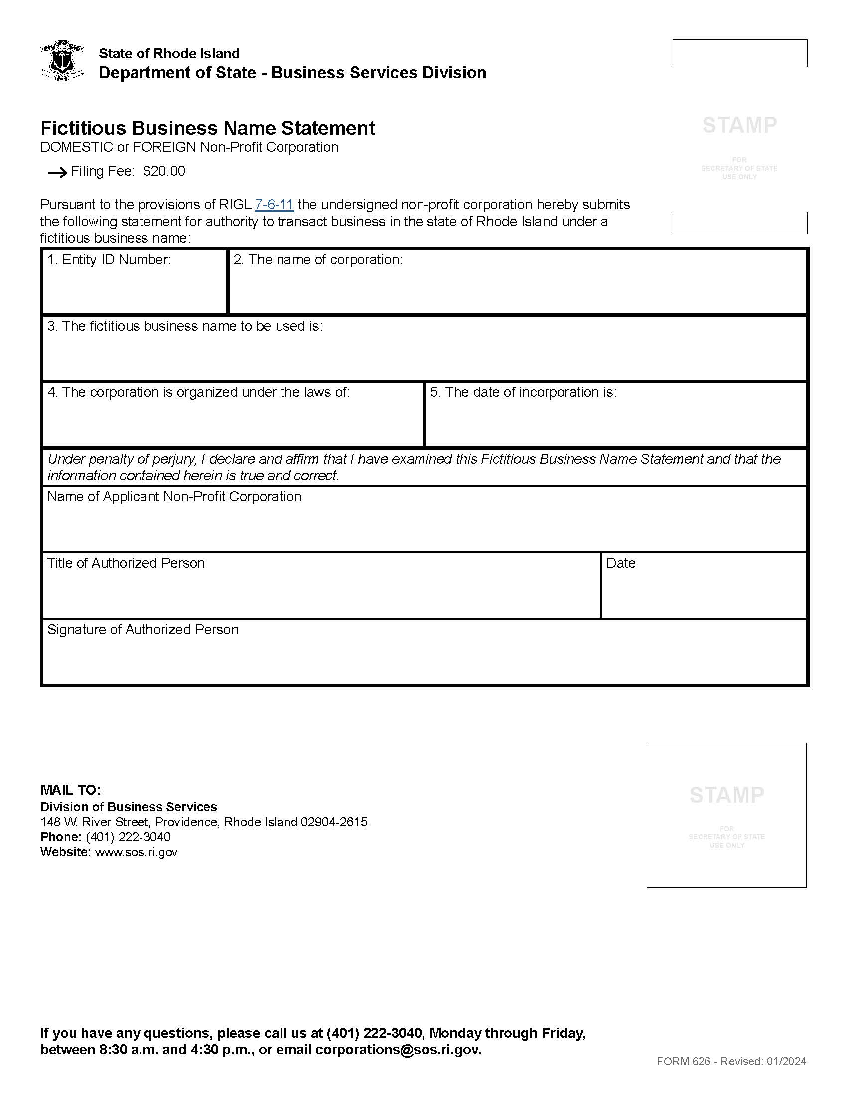 Fictitious Business Name Statement {626} | Pdf Fpdf Doc Docx | Rhode Island