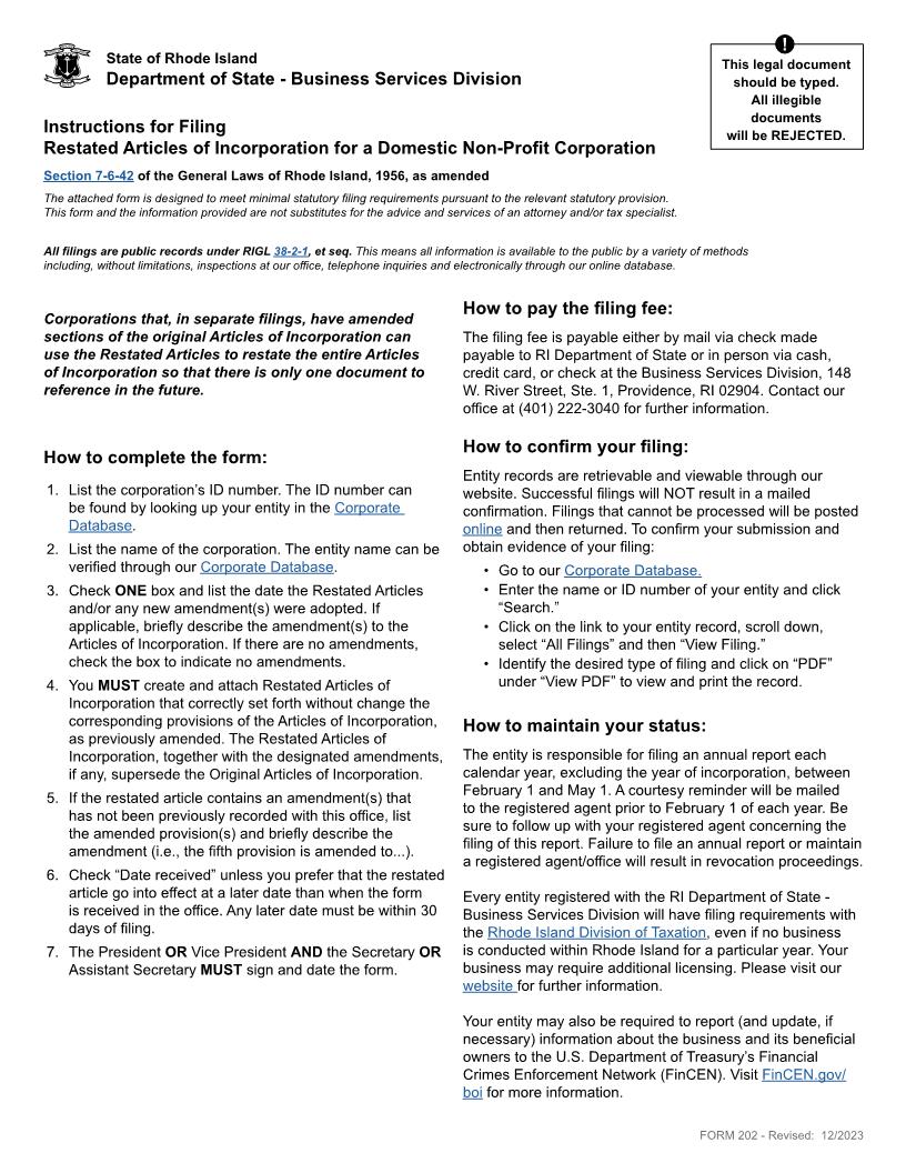 Restated Articles Of Incorporation (Domestic Non Profit Corp) {202} | Pdf Fpdf Doc Docx | Rhode Island