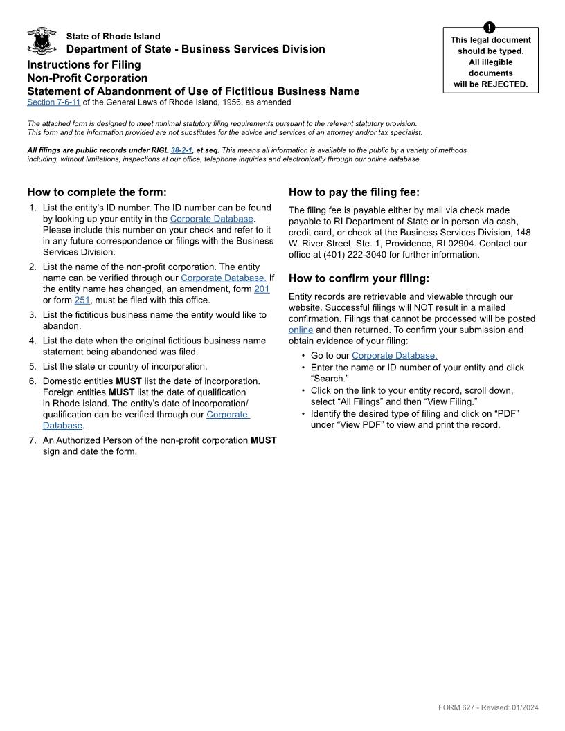 Statement Of Abandonment Of Use Of Fictitious Business Name {627} | Pdf Fpdf Doc Docx | Rhode Island