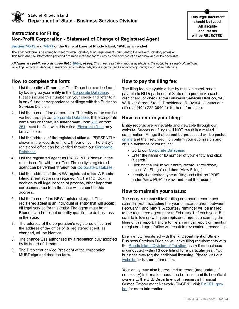 Statement Of Change Of Registered Agent By Corporation {641} | Pdf Fpdf Doc Docx | Rhode Island