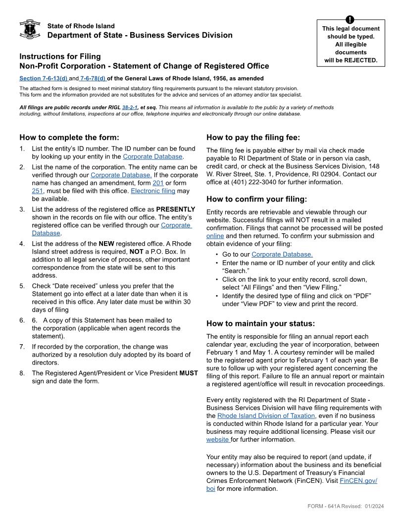 Statement Of Change Of Registered Office {641A} | Pdf Fpdf Docx | Rhode Island