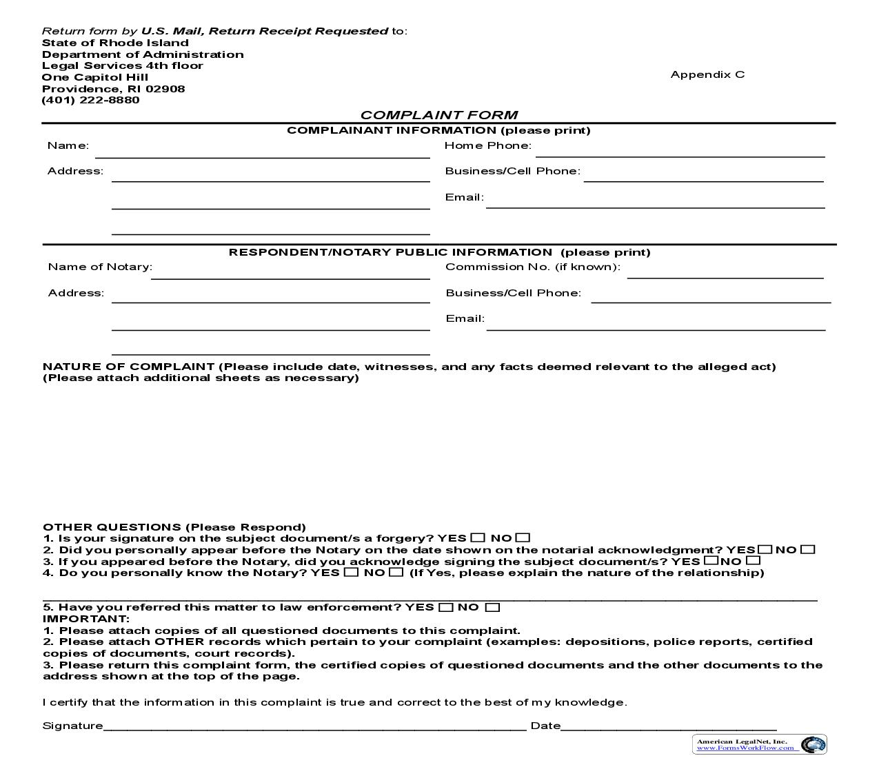 Complaint Form | Pdf Fpdf Doc Docx | Rhode Island