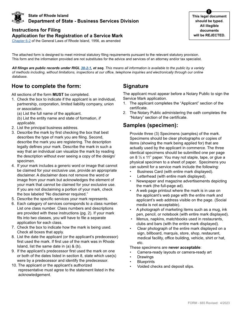 Application For Registration Of Service Mark {665} | Pdf Fpdf Doc Docx | Rhode Island