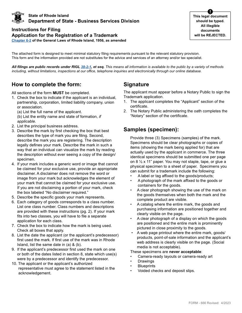 Application For Registration Of Trademark {666} | Pdf Fpdf Doc Docx | Rhode Island