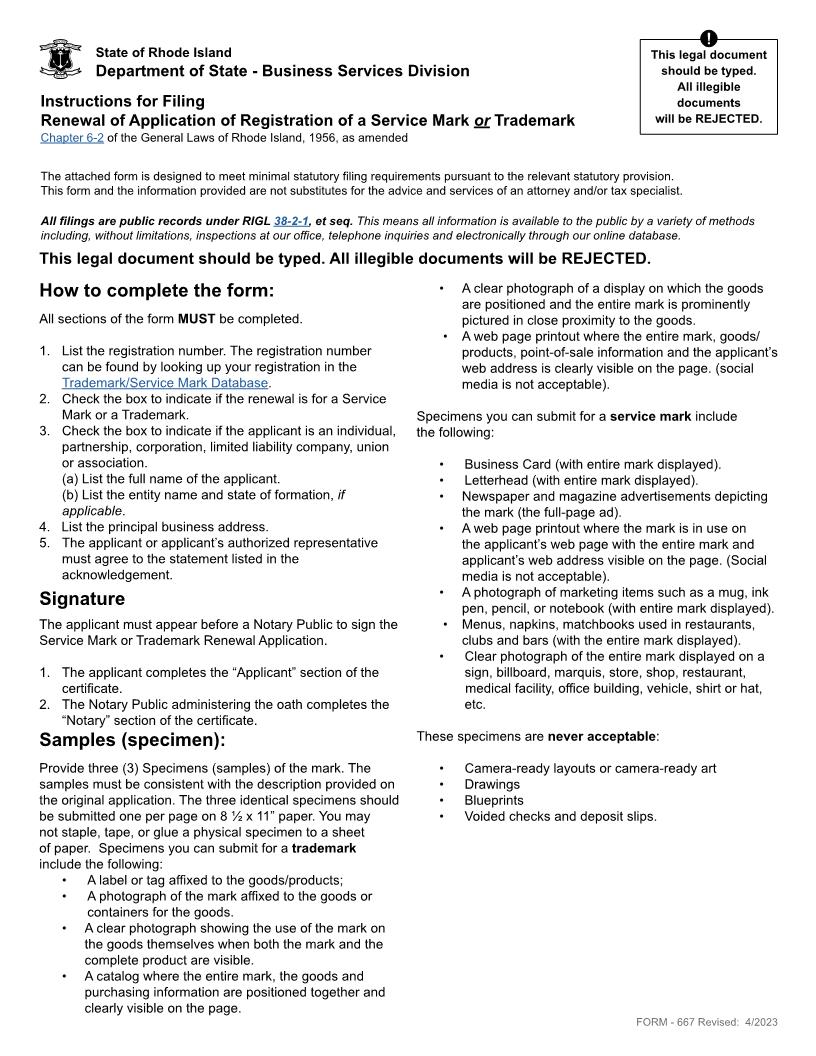 Application For Renewal Of Registration Of Trademark Or Service Mark {667} | Pdf Fpdf Doc Docx | Rhode Island