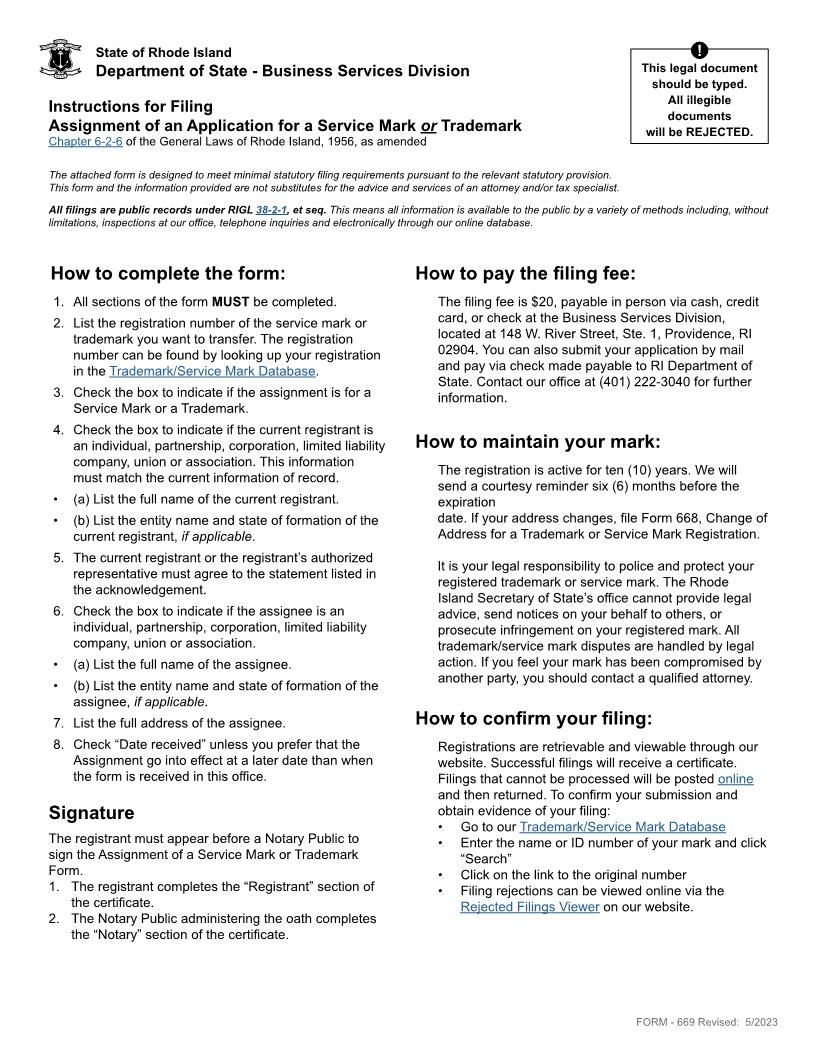 Assignment Of Trademark Or Service Mark {669} | Pdf Fpdf Doc Docx | Rhode Island