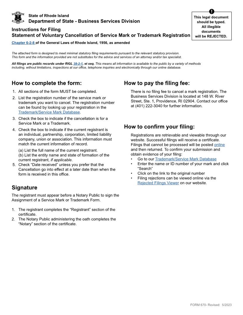 Statement Of Voluntary Cancellation {670} | Pdf Fpdf Docx | Rhode Island