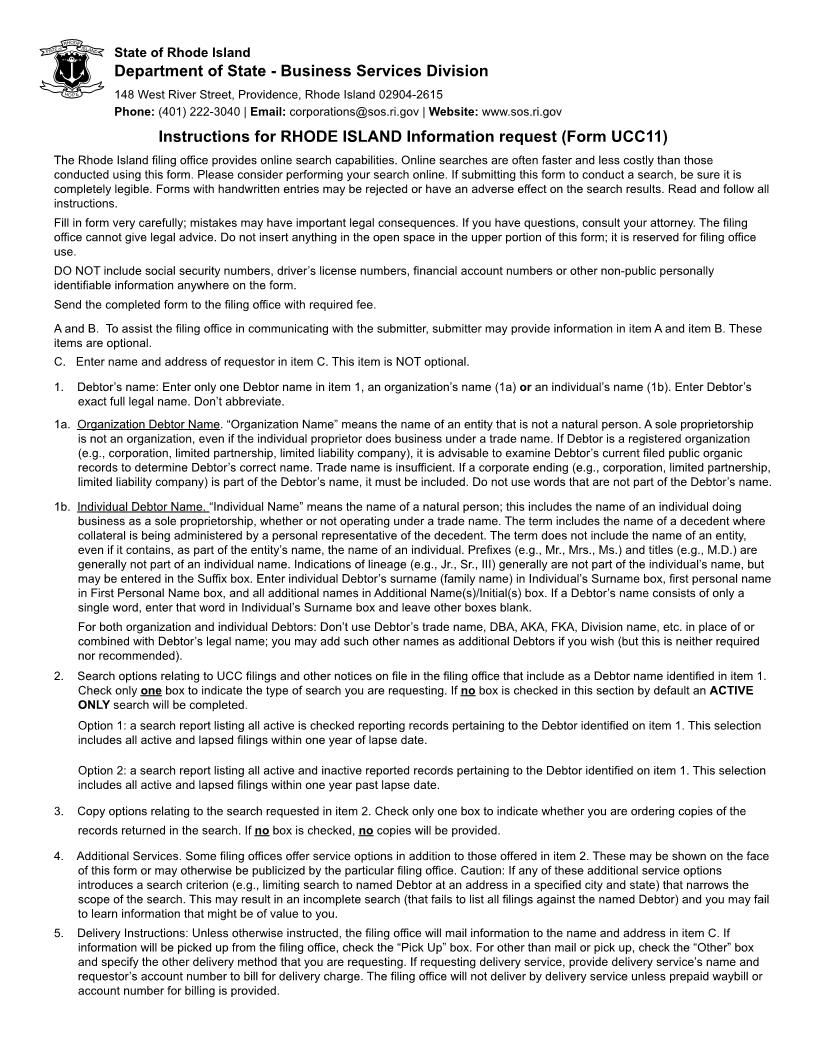 Information Request {UCC11} | Pdf Fpdf Docx | Rhode Island