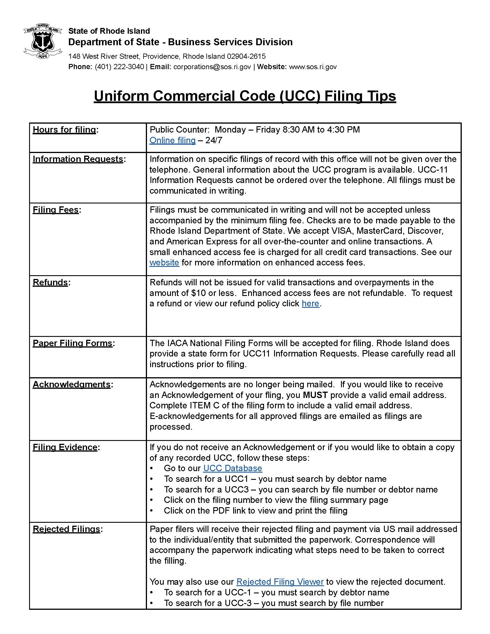 Uniform Commercial Code (UCC) Filing Tips | Pdf Fpdf Docx | Rhode Island