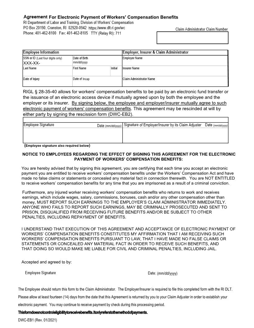 Agreement For Electronic Payment Of Workers Comp Benefits {DWC-EB1} | Pdf Fpdf Docx | Rhode Island