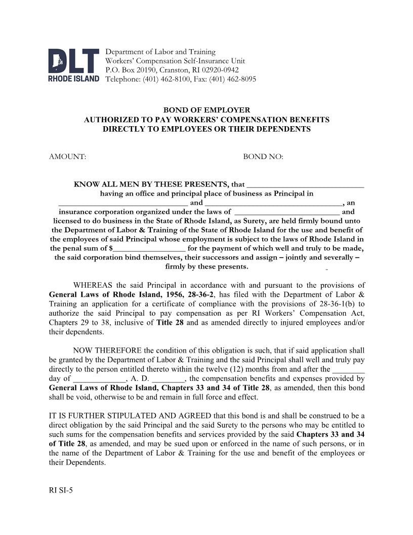 Bond Of Employer {RI SI-5} | Pdf Fpdf Docx | Rhode Island