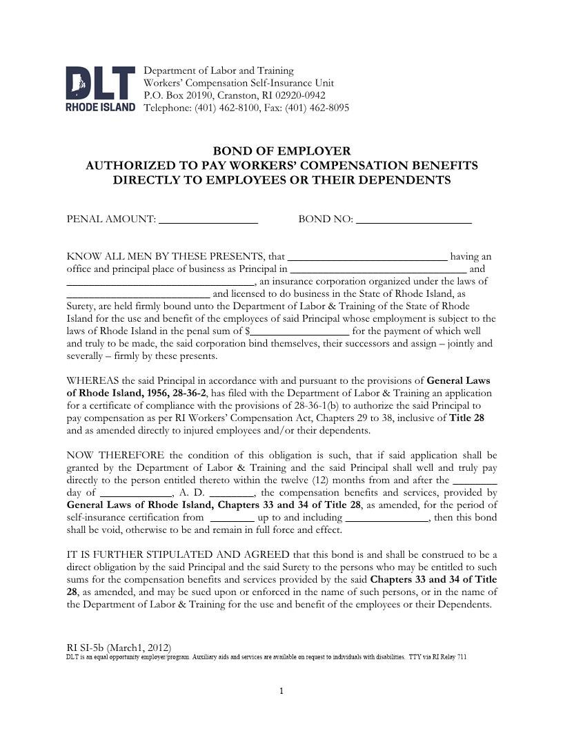 Bond Of Employer Former {RI SI-5b} | Pdf Fpdf Docx | Rhode Island