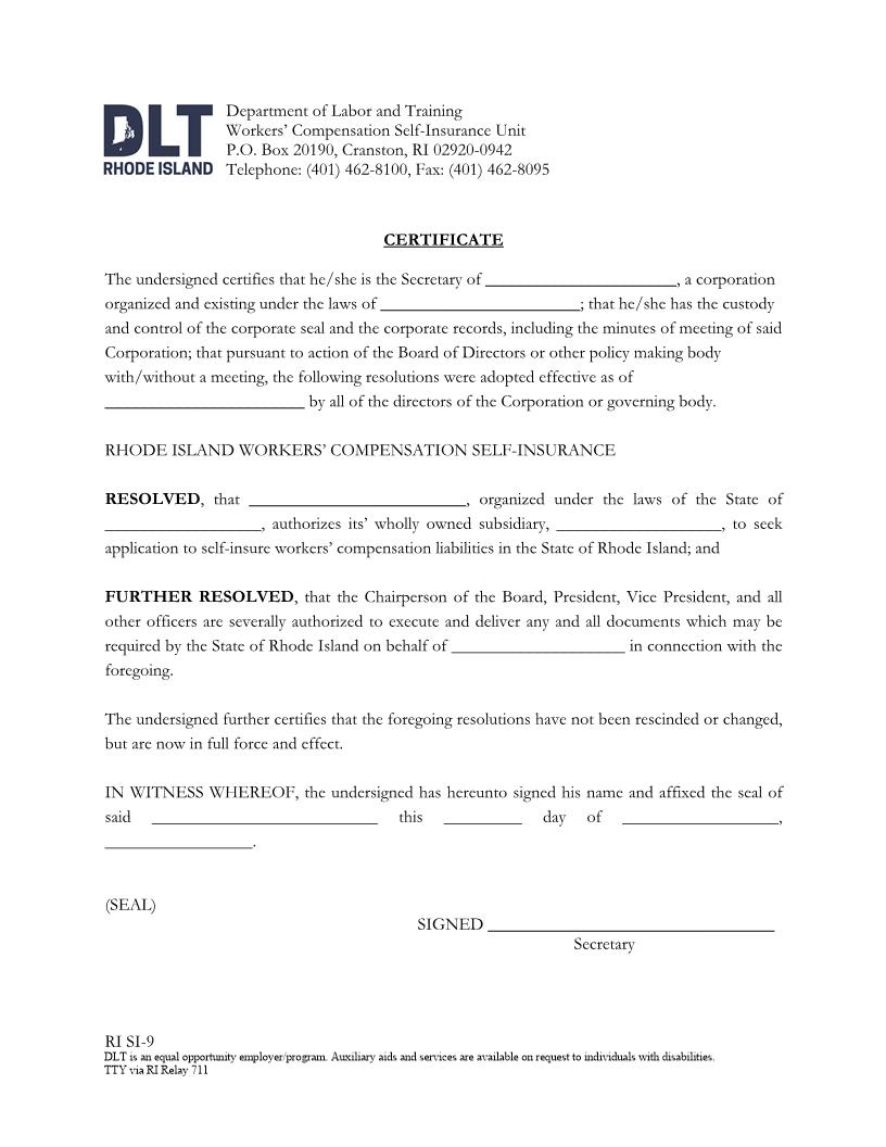 Certification For Self Insurer {RI SI-9} | Pdf Fpdf Docx | Rhode Island