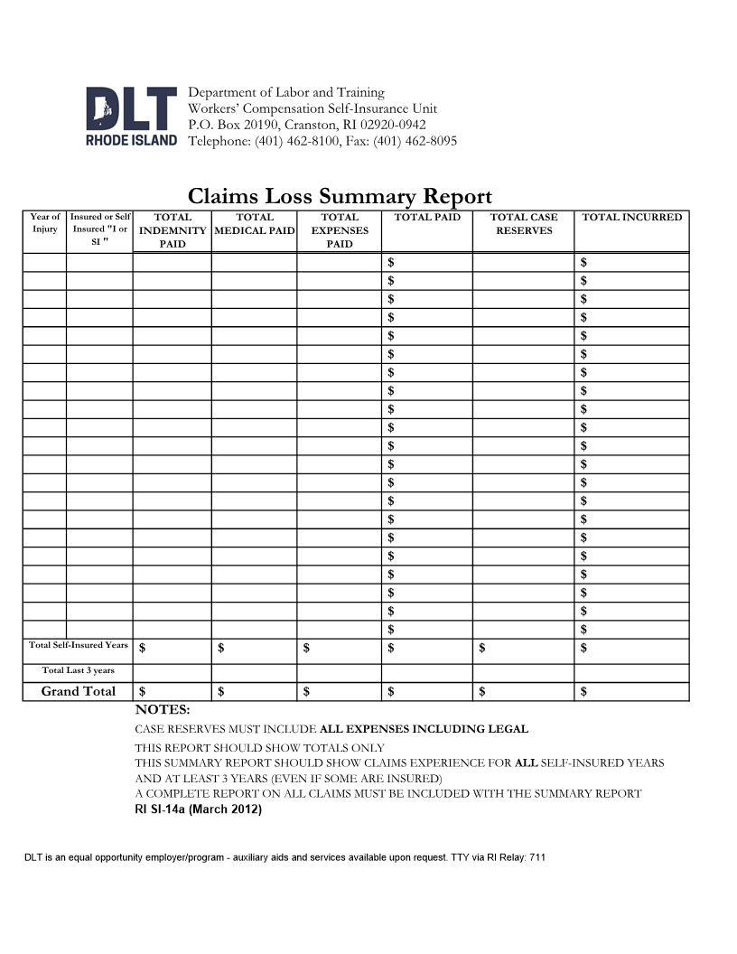 Claims Loss Summary {RI SI-14a} | Pdf Fpdf Docx | Rhode Island