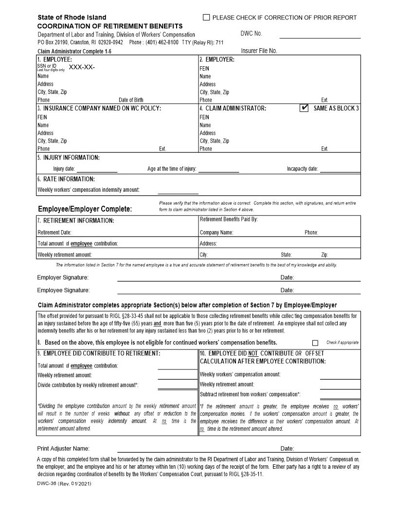 Coordination Of Retirement Benefits {DWC-36} | Pdf Fpdf Doc Docx | Rhode Island