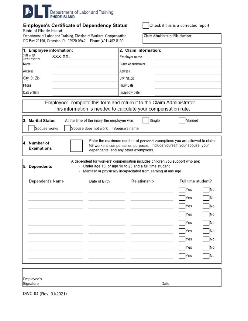 Employees Certificate Of Dependency Status {DWC-04} | Pdf Fpdf Docx | Rhode Island