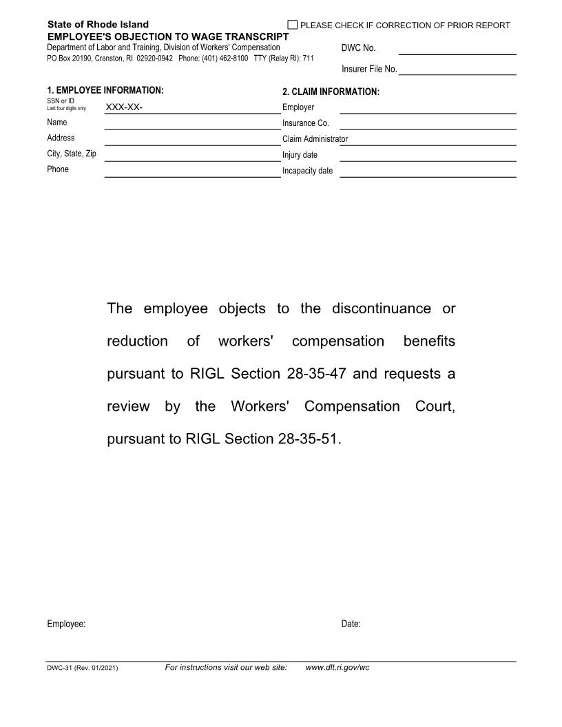 Employees Objection To Wage Transcript {DWC-31} | Pdf Fpdf Doc Docx | Rhode Island