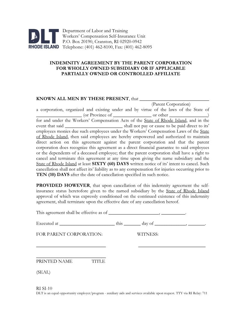 Indemnity Agreement {RI SI-10} | Pdf Fpdf Docx | Rhode Island