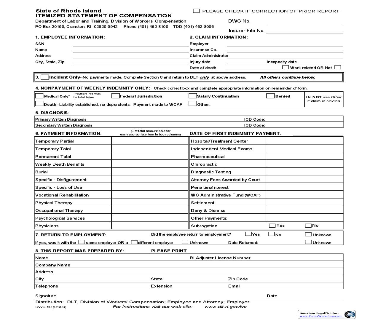 Itemized Statement Of Compensation {DWC-50} |  | Rhode Island