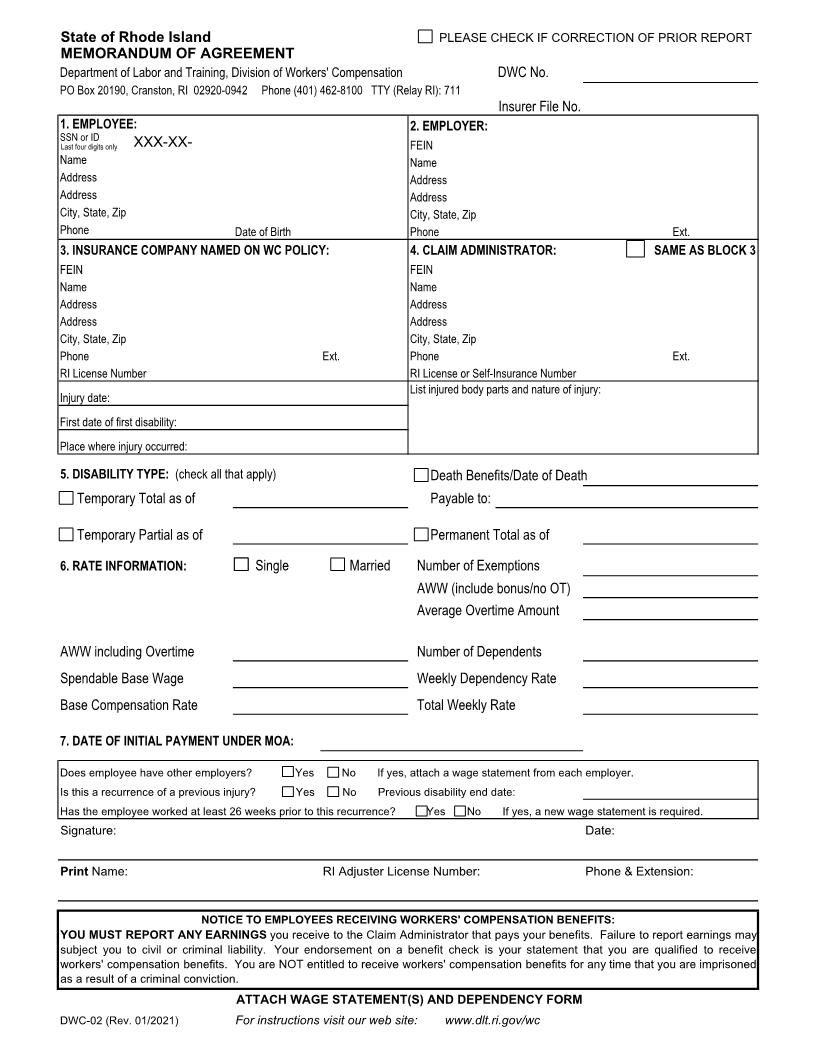 Memorandum Of Agreement {DWC-02} | Pdf Fpdf Docx | Rhode Island