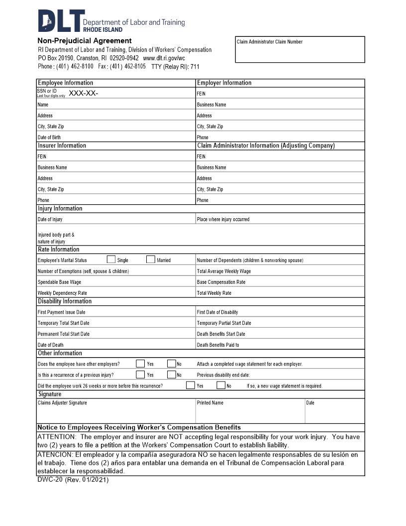 Non Prejudicial Agreement {DWC-20} | Pdf Fpdf Docx | Rhode Island