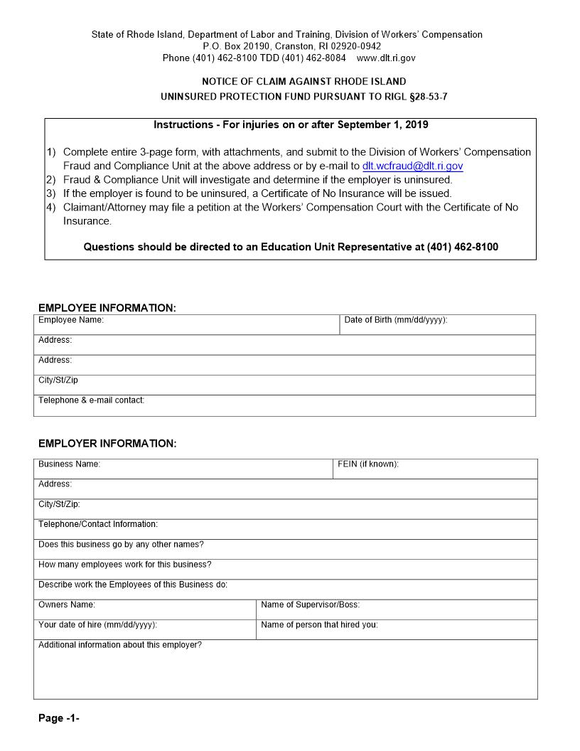 Notice Of Claim Uninsured Protection Fund | Pdf Fpdf Docx | Rhode Island