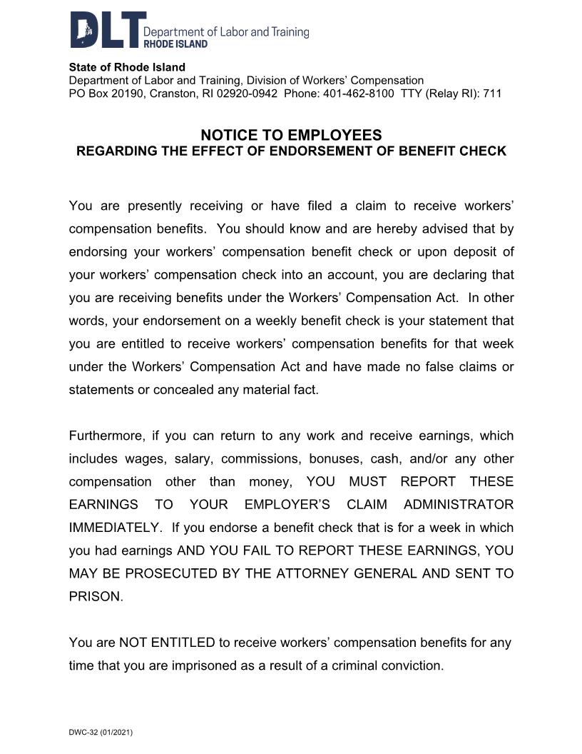 Notice To Employees Regarding Effect Of Endorsement Of Benefit Check {DWC-32} | Pdf Fpdf Doc Docx | Rhode Island