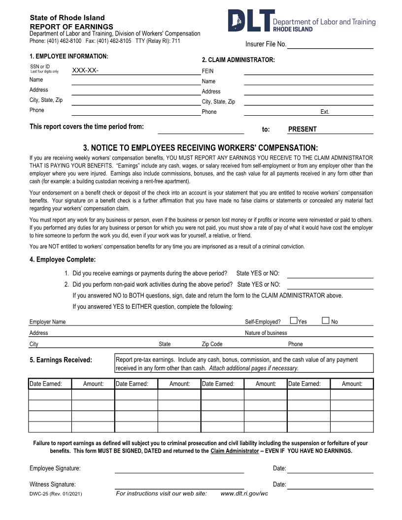 Report Of Earnings {DWC-25} | Pdf Fpdf Doc Docx | Rhode Island