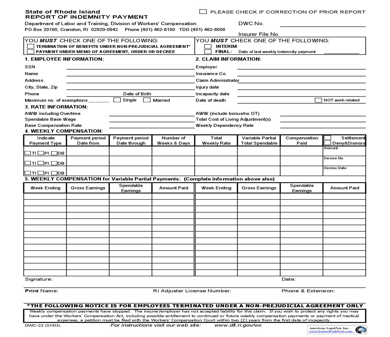 Report Of Indemnity Payment {DWC-22} |  | Rhode Island
