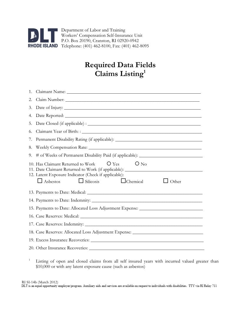 Required Data Fields Claims Listing {RI SI-14b} | Pdf Fpdf Docx | Rhode Island
