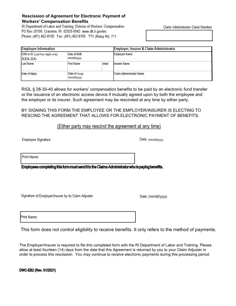 Rescission Of Agreement For Electronic Payment Of Workers Comp Benefits {DWC-EB2} | Pdf Fpdf Docx | Rhode Island